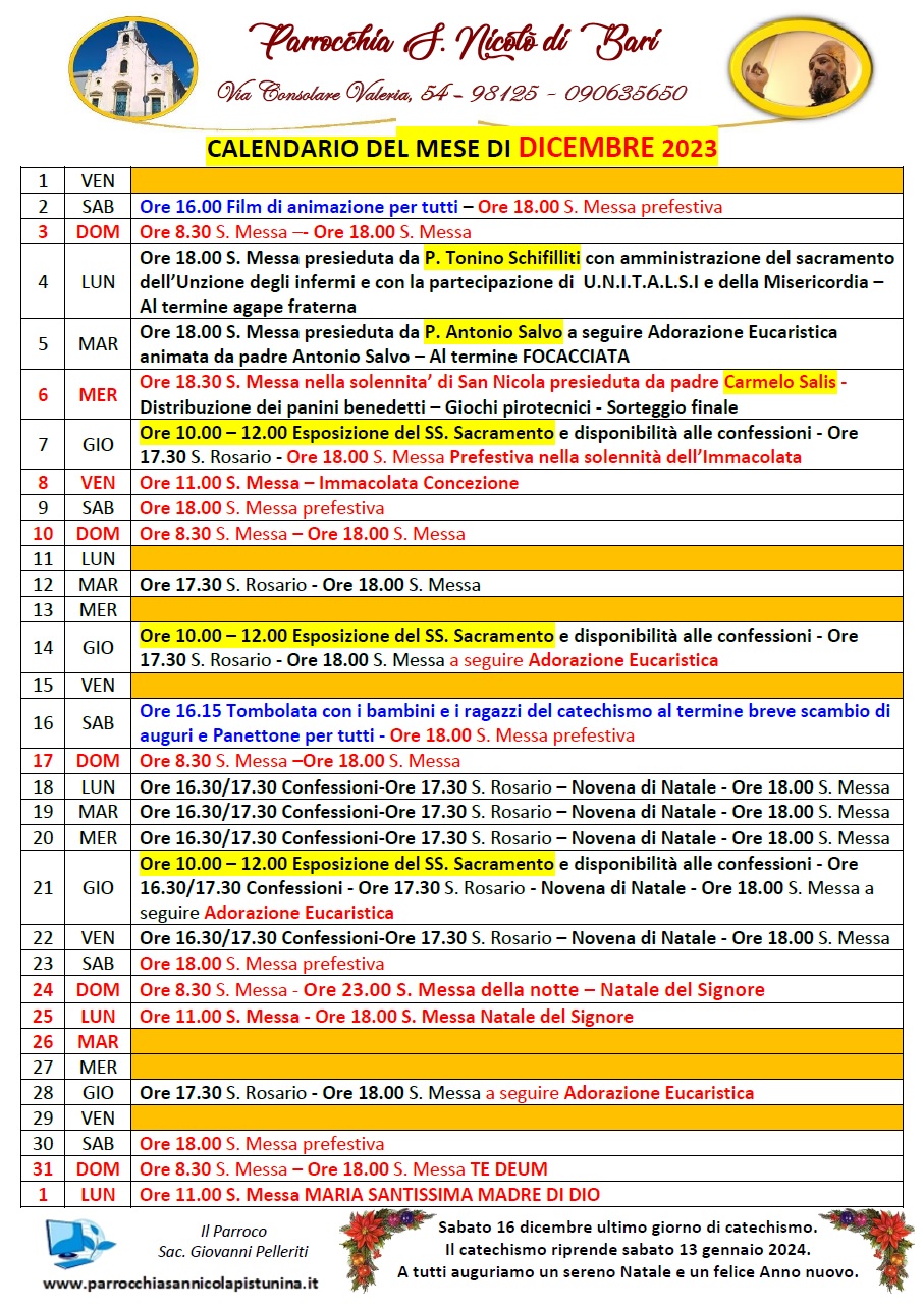 Calendario Del Mese Di Dicembre Parrocchia San Nicol Di Bari